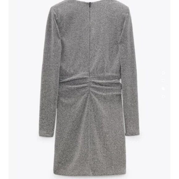 ZARA Dress Silver Metallic XXL Sexy V-Neck Cocktail Long Sleeve - Picture 4 of 12